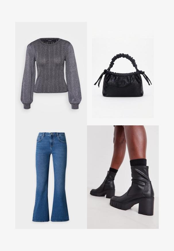 Vero Moda Petite VMTALIA O NECK - Strickpullover - black/silver-coloured; Blaue Denim-Jeans mit hoher Taille und ausgestellten Beinen, mit Vordertaschen und Knopfverschluss.; Schwarze Lederstiefeletten mit einem lässigen Design, klobigem hohen Absatz und strukturiertem Gummisohle. Mit einem Reißverschluss an der Seite.; Schwarze Handtasche mit Krokodilstruktur, gerafftem oberen Rand, zusammengezogenem Griff und Zugkordeln mit Quasten an jeder Seite vor weißem Hintergrund.
