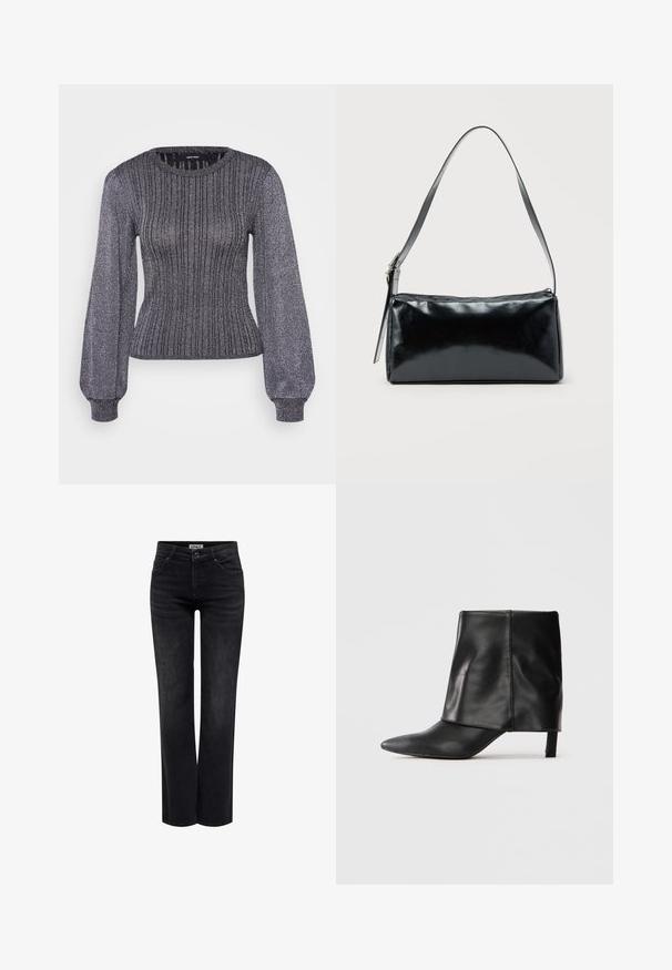Vero Moda Petite VMTALIA O NECK - Strickpullover - black/silver-coloured; ONLY BLUSH MID STRAIGHT NOOS - Jeans Straight Leg - washed black; Schwarze Lederstiefel bis zur Mitte der Wade mit spitzer Zehe, gefaltetem oberen Schaft und schlankem, niedrigem Absatz auf weißem Hintergrund.; Schwarze rechteckige Schultertasche mit einem verstellbaren Riemen und einem oberen Reißverschluss vor einfachem Hintergrund.