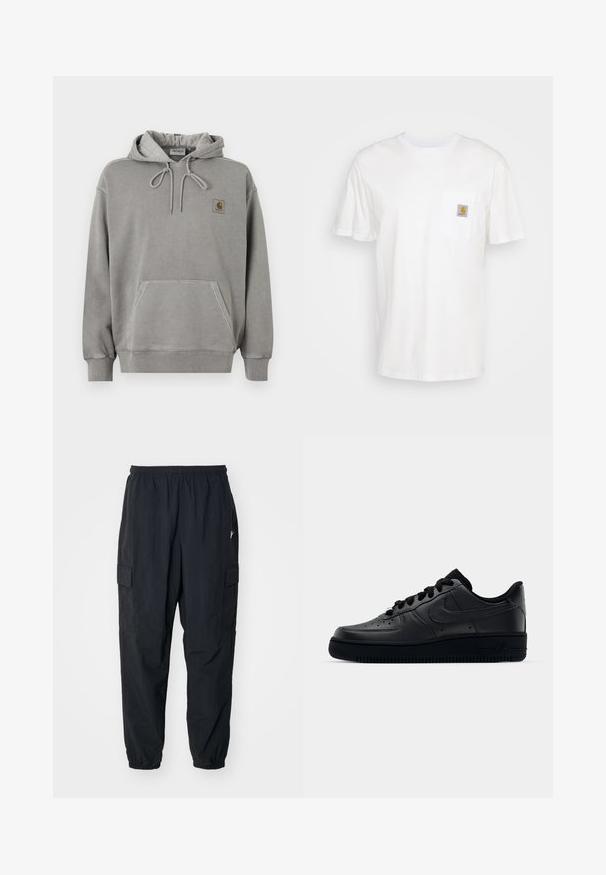 Hellgrauer Carhartt-Pullover-Hoodie mit Kängurutasche vorne, Kapuze mit Kordelzug, gerippten Bündchen und kleinem Markenlogo auf der Brust.; Weißes Baumwoll-T-Shirt mit kurzen Ärmeln, einer Brusttasche und einem kleinen quadratischen Logopatch in Orange und Weiß auf der Tasche.; Schwarze Cargo-Hosen aus leichtem Material mit einem elastischen Bund, Seitentaschen und einer lockeren Passform mit elastischen Bündchen.; Schwarzer Nike Air Force 1 Schuh mit einem glatten Lederoberteil, perforierter Zehenpartie für Atmungsaktivität, schwarzen Schnürsenkeln und einer strukturierten Gummisohle.