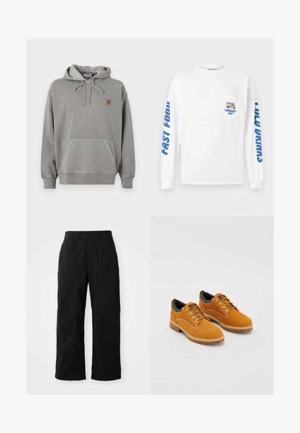 Ανοιχτό γκρι φούτερ Carhartt με κουκούλα, μπροστινή τσέπη καγκουρό, κορδόνι στην κουκούλα, ριμπ μανσέτες και μικρό λογότυπο της μάρκας στο στήθος.; Λευκό πουκάμισο με μακριά μανίκια από βαμβάκι. Διαθέτει μπλε κείμενο στα μανίκια και μια τσέπη με γραφικό ενός φαγητού φορτηγού και το "Carhartt WIP".; Μαύρο βαμβακερό παντελόνι με ελαστική μέση, σχεδίαση φαρδιών ποδιών και μεγάλα πλαϊνά τσέπες. Ο ιστός φαίνεται μαλακός με λεία υφή.; Καφέ σουέτ παπούτσια με στρογγυλή μύτη, κίτρινες κορδόνες, μαξιλαρένιο μαύρο κολάρο και ελαστικές σόλες με αυλακώσεις για πρόσφυση.