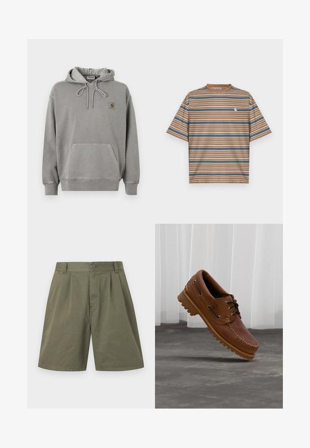 Sweat à capuche Carhartt gris clair avec poche ventrale kangourou, capuche à cordon, poignets côtelés et petit logo de la marque sur la poitrine.; T-shirt à manches courtes rayé marron, affichant des rayures horizontales en bleu, blanc et marine. Comprend un petit logo blanc sur la poitrine.; Shorts en coton vert olive jusqu'aux genoux avec plis sur le devant, passants pour ceinture, poches latérales, fermeture à bouton et braguette zippée.; Chaussure de bateau en cuir marron avec des lacets noirs, des coutures beiges et une semelle robuste, suspendue au-dessus d'un sol en béton gris.