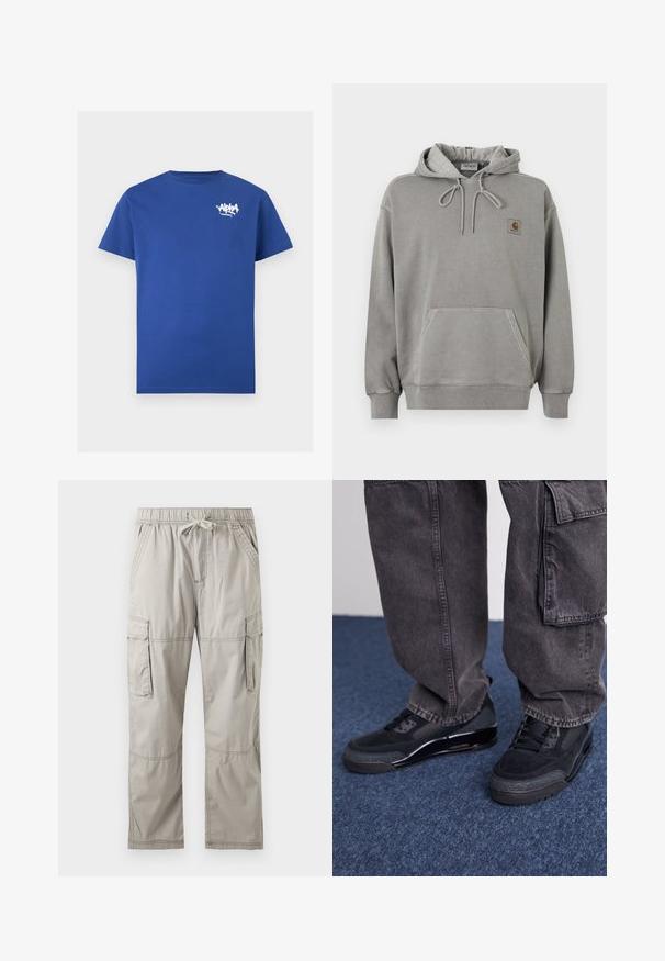 Ανοιχτό γκρι φούτερ Carhartt με κουκούλα, μπροστινή τσέπη καγκουρό, κορδόνι στην κουκούλα, ριμπ μανσέτες και μικρό λογότυπο της μάρκας στο στήθος.; Μπλε κοντομάνικο T-shirt με λευκό λογότυπο «Alpha Industries» σε στυλ γκράφιτι στο αριστερό μέρος του στήθους και στρογγυλή λαιμόκοψη.; Ανοιχτό γκρι παντελόνι cargo με ελαστική μέση, κορδόνι, πλαϊνές τσέπες και τσέπες με καπάκι στους μηρούς, τοποθετημένο επίπεδα σε λευκό φόντο.; Μαύρα αθλητικά παπούτσια με υφή, λείες λεπτομέρειες και παχύ τακούνι, συνδυασμένα με σκούρα, φαρδιά cargo παντελόνια.