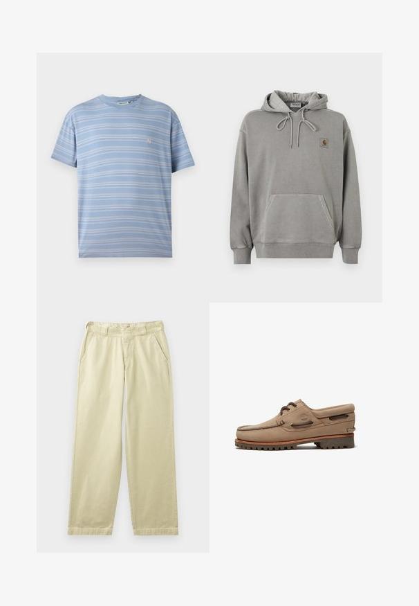 Sudadera con capucha Carhartt gris claro, con bolsillo frontal tipo canguro, capucha con cordón, puños acanalados y pequeño logo de la marca en el pecho.; Camiseta de rayas azul clara con rayas horizontales blancas, cuello redondo y un pequeño logo rosa en el lado izquierdo del pecho. Tejido de algodón suave.; Pantalones de algodón beige con un corte relajado, que cuentan con bolsillos laterales, presillas para cinturón y piernas rectas. Textura suave con detalles mínimos de costura.; Zapato náutico beige de ante con cordones, suela resistente, cordones de cuero y cuello acolchado, mostrando el logo de Timberland en el lateral.