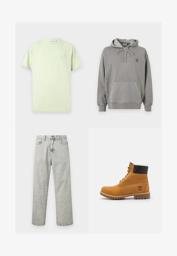 Sweat à capuche Carhartt gris clair avec poche ventrale kangourou, capuche à cordon, poignets côtelés et petit logo de la marque sur la poitrine.; T-shirt en coton vert clair avec une coupe décontractée, des manches courtes et un petit motif brodé sur la poitrine gauche.; Jean droit gris clair à taille haute avec poches avant, passants pour ceinture et fermeture par bouton, présenté sur fond blanc.; Bottine en cuir brun avec œillets en métal, doublure en fourrure blanche, col rembourré noir, semelle robuste et logo en relief sur le côté.