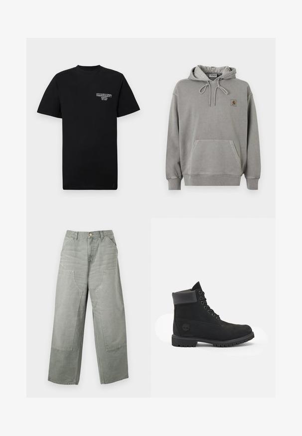 Lichtgrijze Carhartt pullover hoodie met voorzak, capuchon met trekkoord, geribbelde manchetten en klein merklogo op de borst.; Zwarte katoenen t-shirt met korte mouwen en een ronde hals, met een witte bedrukte logo op de linkerborst. Gladde textuur, normale pasvorm.; Loszittende, grijze broek met hoge taille en wijde pijpen, grote opgestikte voorzakken, lussen voor riem en knoopsluiting.; Zwarte leren enkellaars met een ronde neus, zes oogjes vetersluiting, gevoerde kraag, gestructureerde zool en het Timberland-logo aan de zijkant.