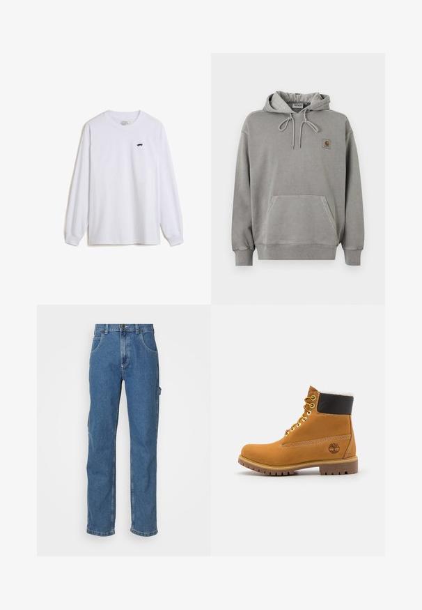 Sudadera con capucha Carhartt gris claro, con bolsillo frontal tipo canguro, capucha con cordón, puños acanalados y pequeño logo de la marca en el pecho.; Camiseta de manga larga blanca hecha de algodón, con un pequeño gráfico de patineta negra en el lado izquierdo del pecho y puños acanalados.; Jeans de mezclilla azul claro con corte recto, cinco bolsillos y un ligero efecto de desgaste en la tela. Presenta un cierre de botón y cremallera.; Botín de cuero marrón con ojales de metal, forro de piel sintética blanca, cuello acolchado negro, suela resistente y logotipo en relieve en el costado.