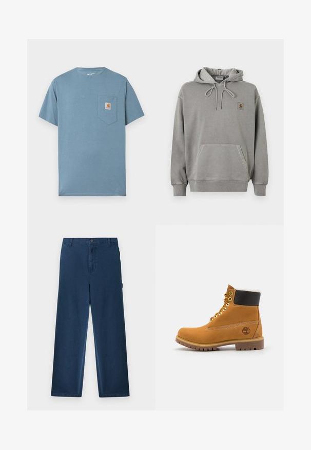 Ανοιχτό γκρι φούτερ Carhartt με κουκούλα, μπροστινή τσέπη καγκουρό, κορδόνι στην κουκούλα, ριμπ μανσέτες και μικρό λογότυπο της μάρκας στο στήθος.; Ανοιχτό μπλε t-shirt από βαμβάκι με στρογγυλή λαιμόκοψη, κοντά μανίκια και τσέπη στο αριστερό μέρος του στήθους με ετικέτα τετραγωνικού λογότυπου Carhartt.; Μπλε ναυτικό παντελόνι από κορδόνι με ίσια γραμμή, θηλιές για ζώνη, κουμπί μπροστά, κλείσιμο με φερμουάρ και πλαϊνές τσέπες.; Καφέ δερμάτινο μποτάκι αστραγάλου με μεταλλικές υποδοχές, λευκή γούνινη επένδυση, μαύρο μαλακό περιλαίμιο, ανθεκτική σόλα και ανάγλυφο λογότυπο στο πλάι.