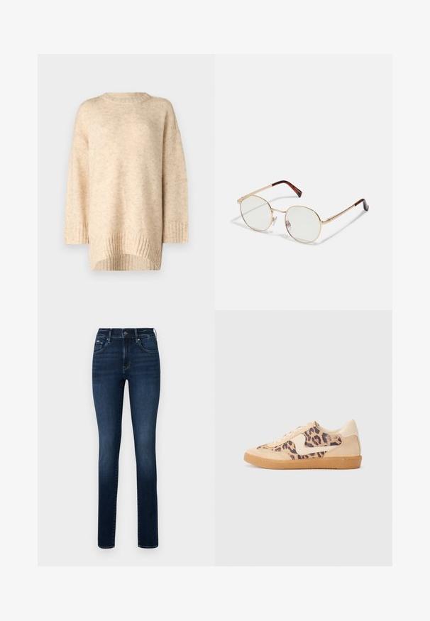 Beige strik sweater med ribbet rund hals, faldne skuldre og en længere rygkant. Blød tekstur med et subtilt mønster.; Mørkeblå jeans lavet af denim, med lige ben, fem-lomme design og en knaplukning ved taljen.; Leopardprint sneakers med beige ruskindsoverdel, tan gummisål og hvide detaljer. Rund pegefinger og snørebåndsdesign med en tekstureret finish.; Guldmetals ovale briller med klare linser. Skildpadde-mønster detaljer på stængerne. Justerbare næsepuder for komfort.