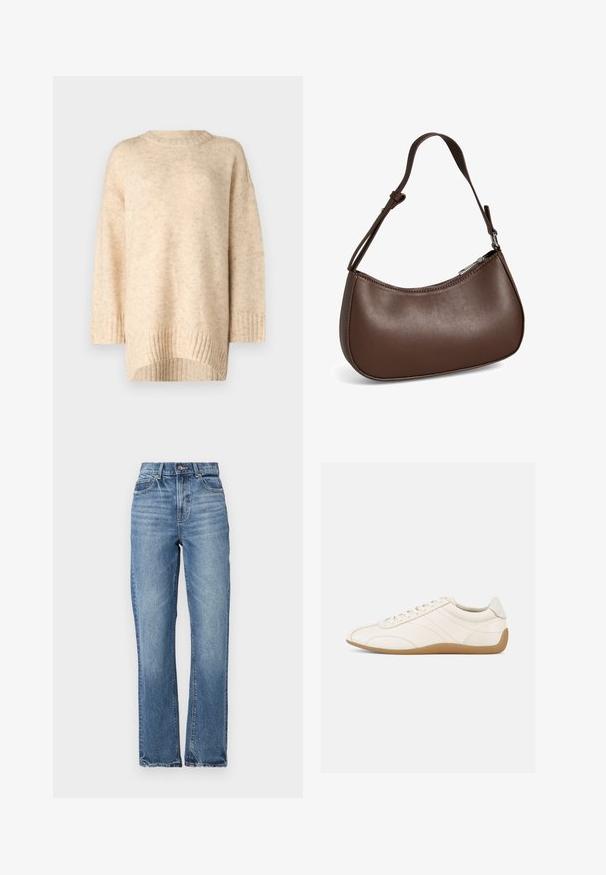 Beige gebreide trui met een geribbelde ronde halslijn, verlaagde schouders en een langere achterkant. Zachte textuur met een subtiel patroon.; Lichtblauwe denim jeans met een hoge taille, recht gesneden pijpen, minimale vervaging en klassieke vijf-pocketstijl. Voorzien van een bronzen knoopsluiting.; Witte leren sneaker met een gladde textuur, ronde neus en tonale stiksels. Voorzien van een tankleurige rubberen zool en vetersluiting.; Kleine bruine leren schoudertas met verstelbare band en ritssluiting, getoond tegen een witte achtergrond. Geen zichtbaar merk of versieringen.