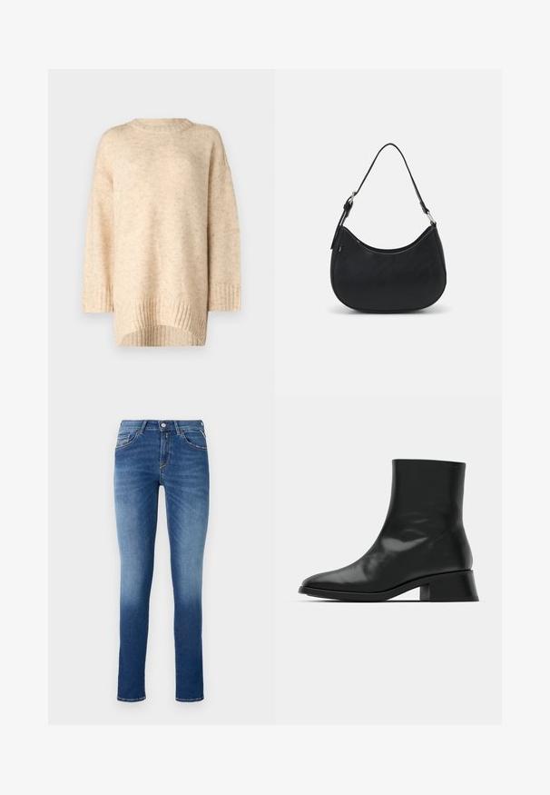 Beige gebreide trui met een geribbelde ronde halslijn, verlaagde schouders en een langere achterkant. Zachte textuur met een subtiel patroon.; Blauwe denim jeans met een slim fit, een middelhoge taille, vijf zakken en een lichte vervaging van bovenbeen tot zoom.; Zwarte enkelboot van glanzend leer, met een slank ontwerp, spitse neus en een gematigde blokhak voor stabiliteit.; Zwarte hobo tas van soepel leer met een gebogen silhouet, voorzien van een enkele verstelbare schouderriem en minimalistische ontwerpdetails.