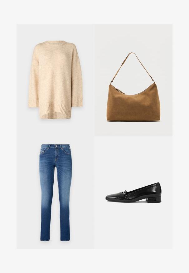 Beige gebreide trui met een geribbelde ronde halslijn, verlaagde schouders en een langere achterkant. Zachte textuur met een subtiel patroon.; Blauwe denim jeans met een slim fit, een middelhoge taille, vijf zakken en een lichte vervaging van bovenbeen tot zoom.; Zwarte laarzen van gepatenteerd leer met een puntige neus, een lage vierkante hak en een kleine metalen gespdetail op de band. Gladde textuur.; Bruine suède schoudertas met een enkele band en een ritssluiting aan de bovenkant, gepresenteerd tegen een effen witte achtergrond.