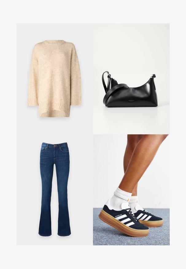 Beige gebreide trui met een geribbelde ronde halslijn, verlaagde schouders en een langere achterkant. Zachte textuur met een subtiel patroon.; Uitlopende blauwe denim jeans met een middelhoge taille, voorzien van voor- en achterzakken, oranje stiksels en een knoopsluiting.; Ben met witte sokken en zwarte Adidas Gazelle sneakers met witte strepen en dikke bruine zolen op een grijs tapijt.; Zwarte leren handtas met een gladde textuur. Beschikt over een verstelbare schouderband en een strak, minimalistisch ontwerp met een ritssluiting.
