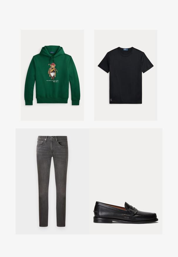 Sudadera con capucha de algodón verde con un gráfico de un oso con abrigo marrón, sombrero rojo, sosteniendo un palo de golf y pantalones blancos. Logo distintivo debajo.; Camiseta negra de manga corta con cuello redondo y un pequeño logo bordado de Polo Ralph Lauren cerca del dobladillo inferior sobre un fondo blanco.; Jeans de mezclilla gris oscuro con un corte clásico, diseño de cinco bolsillos y un sutil efecto de desgaste, con cierre de botón y cremallera.; Mocasín negro de cuero con tacón bajo y detalle de correa para moneda, mostrado de lado sobre un fondo gris claro.