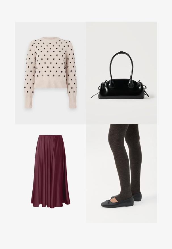 Lysbeige sweater med sorte prikker, ribbet rund hals og manchetter, blød tekstur, kort pasform og lange ærmer.; Bordeaux gulvlængde nederdel lavet af glat, blankt stof med et flydende design og elastisk talje. Ingen mønstre eller accenter til stede.; Ben iført mørke ribbede leggings kombineret med sorte balletsko med små sløjfedetaljer på hvid baggrund.; Lille sort blank håndtaske med to lange håndtag og snøre-detaljer i siden på en ensfarvet lys baggrund.