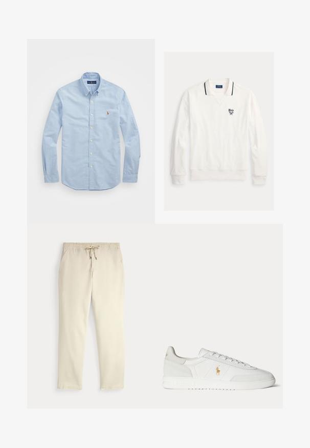 Weißes Poloshirt mit langen Ärmeln, schwarz eingefasstem Kragen und kleinem "Polo"-Logo mit gekreuzten Tennisschlägern auf der linken Brust.; Himmlisch blaues Langarm-Hemd aus Baumwolle mit klassischem Kragen und kleinem roten gestickten Logo auf der Brust.; Beige legere Hosen mit elastischem Bund und Kordelzug, gerade Hosenbeine und seitlichen Taschen vor einem einfarbigen Hintergrund.; Weißer Sneaker in niedriger Ausführung mit Schnürdesign, goldenem Polo Ralph Lauren Logo an der Seite und strukturierter Sohle auf einfarbigem Hintergrund.
