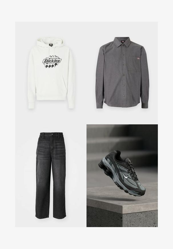 Valge kapuutsiga dressipluus suure musta "Dickies" logoga, millel on nööriga kapuuts, kängurutasku, soonikkoes varrukasääred ja alumine äär. Pehme tekstuur.; Hallhallane nööbitav särk, millel on õhukesed valged triibud, pikad varrukad, rinnatasku ja klassikaline krae. Valmistatud vastupidavast kangast.; Must muströöp hedija kõrge vöökohaga, nupuga kinnitatud ja viie taskuga disainiga. Pehme tekstuur ja veidi tuhmunud viimistlus.; Hall ja musta sportlik toss, millel on võrkmaterjalist paneelid ja paks tald, paigutatud õhus betoonist äärekivi ja treppide kohal taustal.