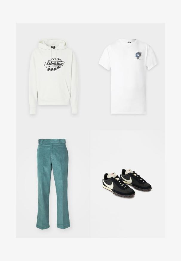 Biela mikina s kapucňou s veľkým čiernym logom "Dickies", vybavená kapucňou so šnúrkou, klokanie vrecko a rebrovanými manžetami a lemom. Mäkká textúra.; Biele tričko s krátkym rukávom s malou grafikou turistu držiaceho modrú značku s logom The North Face na ľavej strane hrudníka.; Tyrkysové kordové nohavice s rovnými nohavicami, s hladkou textúrou, pútkom na opasok a bočnými vreckami. Žiadne viditeľné vzory ani kovania.; Čierne športové topánky s textúrovaným zvrškom, bielym logom Swoosh a gumovou podrážkou s malými hrotmi pre lepšiu trakciu. Krémový golier.