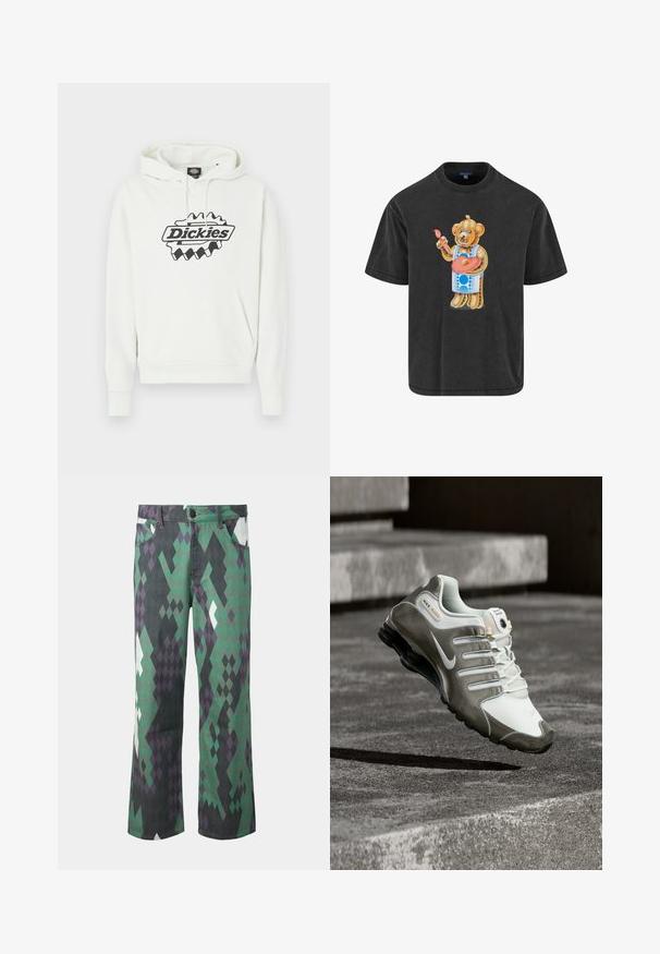 Sweat à capuche blanc avec un grand logo noir "Dickies", doté d'une capuche à cordon, d'une poche kangourou et de poignets et ourlet côtelés. Texture douce.; T-shirt noir avec un ours en dessin animé, tenant une palette d'artiste, portant un tablier bleu et des accents colorés dans un design fantaisiste.; Pantalon droit avec un motif géométrique en forme de losange vert, noir, violet et blanc, avec poches avant et fermeture par boutons.; Baskets Nike Shox blanches et grises avec semelle noire flottant au-dessus de marches en béton sous une lumière naturelle douce.