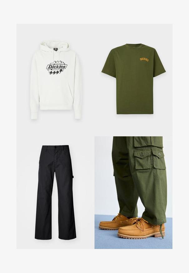 Λευκό φούτερ με μεγάλο μαύρο λογότυπο "Dickies", που διαθέτει κουκούλα με κορδόνι, τσέπη τύπου καγκουρό και ριμπ μανσέτες και τελείωμα. Απαλή υφή.; Πράσινο-ελιάς βαμβακερό T-shirt με στρογγυλή λαιμόκοψη και κοντά μανίκια, με κεντητό κίτρινο λογότυπο "DICKIES" στο πάνω αριστερό μέρος του στήθους.; Μαύροι παντελόνια με φαρδιά πόδια φτιαγμένα από ανθεκτικό ύφασμα. Διαθέτουν κλείσιμο με κουμπί και πλαϊνές τσέπες. Λείο υλικό με καθαρή σχεδίαση.; Timberland AUTHENTIC 3 EYE - Παπούτσια για σκάφος - wheat