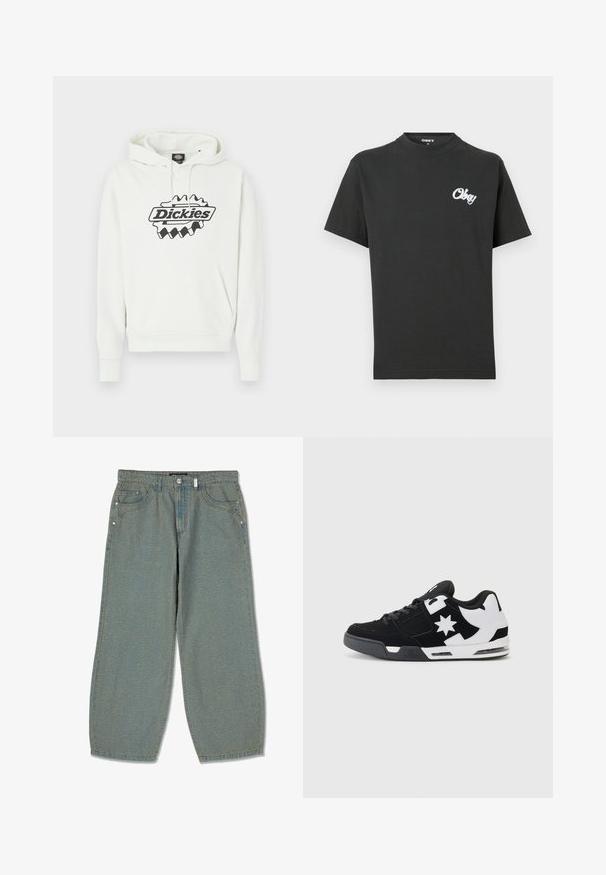 Λευκό φούτερ με μεγάλο μαύρο λογότυπο "Dickies", που διαθέτει κουκούλα με κορδόνι, τσέπη τύπου καγκουρό και ριμπ μανσέτες και τελείωμα. Απαλή υφή.; Μαύρο κοντομάνικο T-shirt με μικρό λευκό λογότυπο "Obey" στο αριστερό στήθος, στρογγυλή λαιμόκοψη, μέγεθος μεσαίο σημειωμένο μέσα στον γιακά.; Ανοιχτό μπλε παντελόνι τζιν με φαρδιά γραμμή, κατασκευασμένο από τζιν υλικό, διαθέτει πέντε τσέπες, αντίθετη ραφή και διακριτή υφή σε όλο το ύφασμα.; Μαύρα και λευκά sneakers με δέρμα σουέτ και υλικά πλέγματος. Διαθέτουν έναν εντυπωσιακό λογότυπο αστεριού και έντονες λεπτομέρειες στο πλάι, με μαξιλαρωτή σόλα.