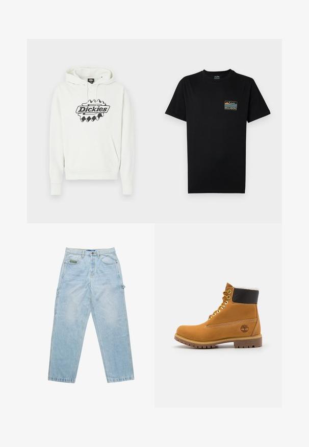 Hvid hættetrøje med stort sort "Dickies"-logo, der har snøre i hætten, kengurulomme samt ribbet kant og manchetter. Blød tekstur.; Sort T-shirt med korte ærmer med en lille flerfarvet grafik af bjerge og hav samt teksten "BILLABONG Adventure division" på venstre bryst.; Lysblå denim jeans med løs pasform, fem-lomme design og synlige sømme. Har et mærke på forlommen.; Brune læder ankelstøvle med metaløjer, hvid pelsforing, sort polstret krave, robust sål og præget logo på siden.