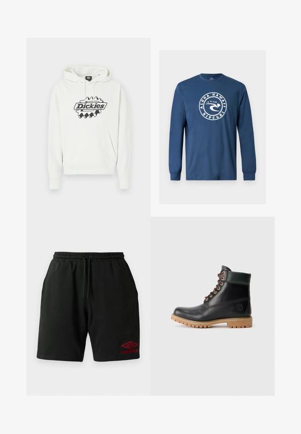 Weißer Hoodie mit einem großen schwarzen "Dickies"-Logo, ausgestattet mit einer Kapuze mit Kordelzug, einer Kängurutasche sowie gerippten Bündchen und Saum. Weiche Textur.; Marineblaues Langarmshirt mit rundem weißem Logo, das eine Welle und die hawaiianischen Inseln zeigt, mit dem Text "Aloha Hawaii Rip Curl" auf der Vorderseite.; Schwarze Shorts mit Kordelzug, seitlichen Taschen und rotem Umbro-Logo, das am linken Bein unten gestickt ist.; Schwarze Leder Stiefelette mit braunen Schnürsenkeln, gepolstertem grünen Kragen und beigefarbenem Gummisohle mit tiefen Profilen, seitliche Ansicht auf weißem Hintergrund.