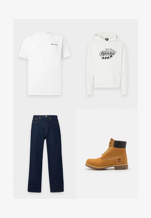 White hoodie with a large black "Dickies" logo, featuring a drawstring hood, kangaroo pocket, and ribbed cuffs and hem. Soft texture.; White short-sleeve T-shirt with "OBEY STUDIOS" text printed in black on the upper left chest.; Dark blue straight-leg denim jeans with front button, zipper closure, and five-pocket styling on a plain background.; Brown leather ankle boot with metal eyelets, white fur lining, black padded collar, rugged sole, and embossed logo on the side.