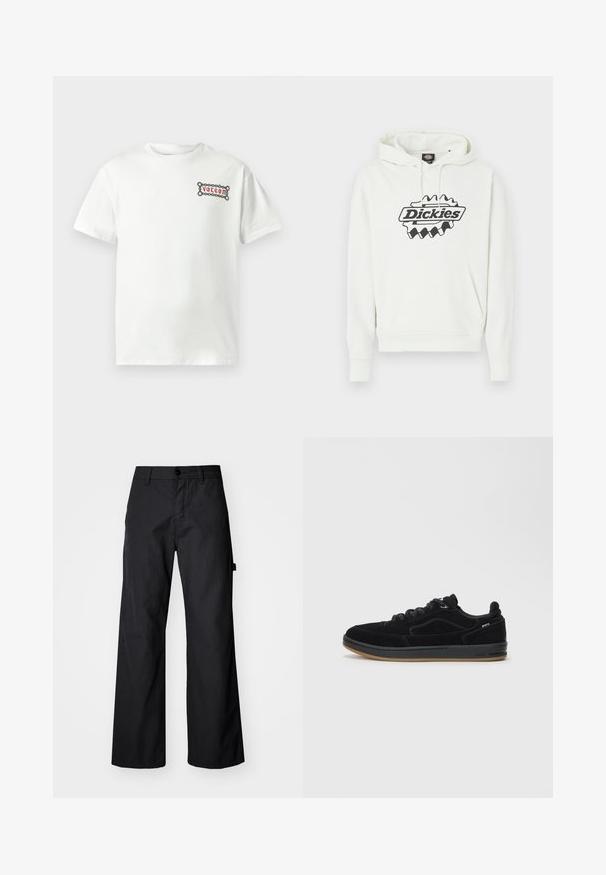 Λευκό φούτερ με μεγάλο μαύρο λογότυπο "Dickies", που διαθέτει κουκούλα με κορδόνι, τσέπη τύπου καγκουρό και ριμπ μανσέτες και τελείωμα. Απαλή υφή.; Λευκό βαμβακερό μπλουζάκι με κοντά μανίκια, με ορθογώνιο κόκκινο και μαύρο γράφημα με το λογότυπο "Volcom" στην αριστερή πλευρά του στήθους.; Μαύροι παντελόνια με φαρδιά πόδια φτιαγμένα από ανθεκτικό ύφασμα. Διαθέτουν κλείσιμο με κουμπί και πλαϊνές τσέπες. Λείο υλικό με καθαρή σχεδίαση.; Μαύρα σουέτ αθλητικά παπούτσια με λείο καουτσούκ πέλμα, featuring ένα σχέδιο χαμηλού προφίλ, στρογγυλά κορδόνια και διακριτικές ραφές.