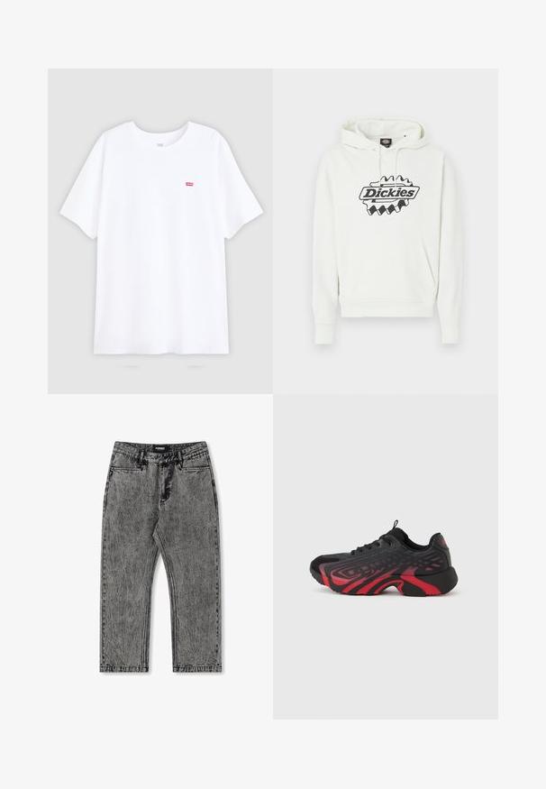 Weißer Hoodie mit einem großen schwarzen "Dickies"-Logo, ausgestattet mit einer Kapuze mit Kordelzug, einer Kängurutasche sowie gerippten Bündchen und Saum. Weiche Textur.; Weißes Baumwoll-T-Shirt mit kurzen Ärmeln und Rundhalsausschnitt. Verfügt über ein kleines rotes Levi's-Logo auf der linken Brust. Flaches Design, keine Muster.; Graue Denim-Jeans mit einem verranzten Finish, geradem Bein Design und fünf Taschen. Mit einem Etikett mit "FORMER" am Bund.; Schwarz-rotfarbener Sportschuh mit strukturiertem Obermaterial und Musterdetails, Schnürverschluss und dicker Gummisohle.