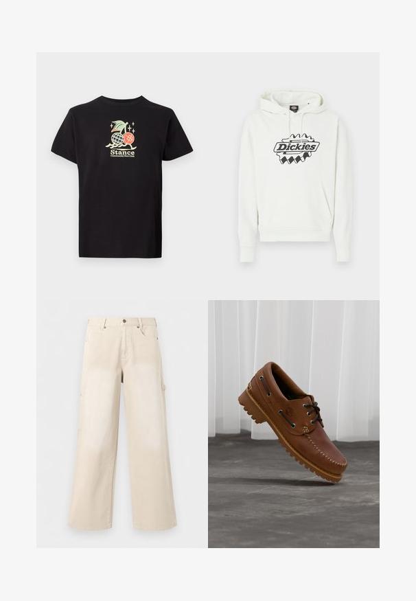 Biela mikina s kapucňou s veľkým čiernym logom "Dickies", vybavená kapucňou so šnúrkou, klokanie vrecko a rebrovanými manžetami a lemom. Mäkká textúra.; Čierne bavlnené tričko s farebnou grafickou potlačou ananásu a čerešní, text znie "Stance Community Run Club." Krátke rukávy.; Béžové nohavice s širokými nohavicami, prednými vreckami, zapínaním na gombíky a pútkami na opasok, zobrazené na jednofarebnom bielom pozadí.; Hnedá kožená lodná obuv s čiernymi šnúrkami, béžovým prešívaním a robustnou podrážkou, zavesená nad sivou betónovou podlahou.