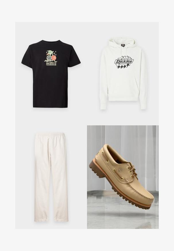 Hvid hættetrøje med stort sort "Dickies"-logo, der har snøre i hætten, kengurulomme samt ribbet kant og manchetter. Blød tekstur.; Sort bomulds t-shirt med et farverigt grafisk print af en ananas og kirsebær, teksten lyder "Stance Community Run Club." Korte ærmer.; Lyse beige bukser med elastisk talje, lige ben og glat bomuldsstruktur. Enkel, ubesmykket stil.; Lysbrune læderbådsko med tyk, rillet sål og snøre detaljer, svævende over et marmor gulv med baggrund af hvide lodrette persienner.