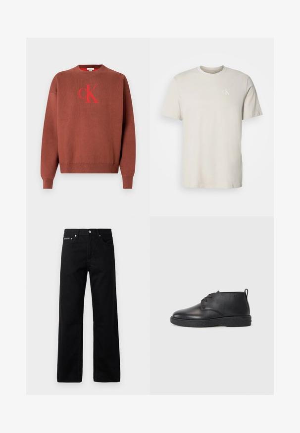 Jersey de punto marrón con cuello redondo, que presenta un logo rojo "CK" en la parte delantera. Puños y dobladillo acanalados, textura suave.; Camiseta beige de algodón con cuello redondo y mangas cortas, con pequeño logo blanco "cK" en el lado izquierdo del pecho.; Jeans de mezclilla negra con un diseño de pierna recta, cinco bolsillos y una etiqueta de logo en la parte delantera, con herrajes metálicos y una textura suave.; Botas de tobillo de cuero negro con textura suave, punta redondeada y suela de goma negra. Cuentan con un diseño de cordones y un tirador en el talón para facilitar su uso.
