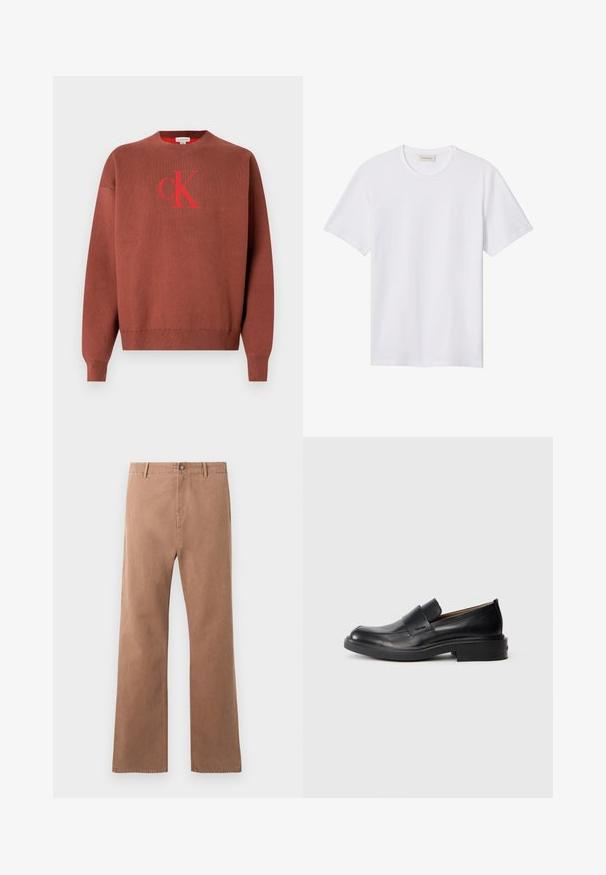 Bruine gebreide trui met een ronde hals, voorzien van een rood "CK" logo op de voorkant. Geribbelde manchetten en zoom, gladde textuur.; Effen wit T-shirt met korte mouwen en ronde hals, met een klein reliëflogo op de linkerborst en een merklabel binnenin de kraag.; Bruine, rechte broek van katoen. Voorzien van een knoopsluiting, voorkruiken en zichtbare stiksels langs de naden.; Zwarte leren instap schoenen met een lage hak en subtiel Calvin Klein-logo aan de zijkant, weergegeven in profiel op een witte achtergrond.