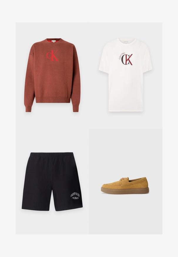Pull en maille marron avec un col rond, présentant un logo "CK" rouge sur le devant. Poignets et ourlet côtelés, texture lisse.; T-shirt blanc à manches courtes avec le logo Calvin Klein "CK" en noir et rouge centré sur la poitrine.; Shorts à taille élastique noire avec logo blanc « Calvin Klein New York City » sur la partie inférieure de la jambe droite.; Chaussures slip-on en suède marron avec une finition texturée, un bout rond et une semelle en caoutchouc contrastante. Présente une marque discrète près du talon.