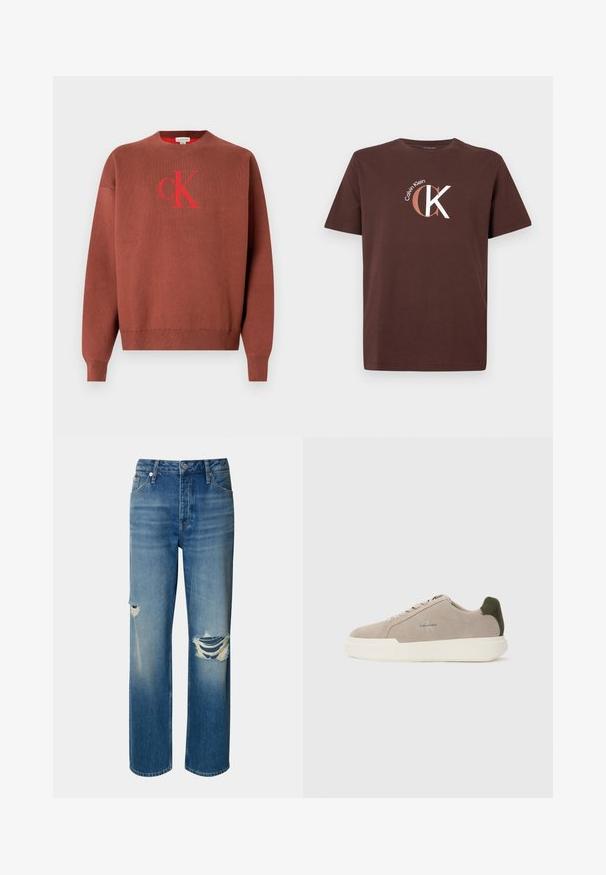 Jersey de punto marrón con cuello redondo, que presenta un logo rojo "CK" en la parte delantera. Puños y dobladillo acanalados, textura suave.; Camiseta de algodón marrón con mangas cortas y escote redondo. Presenta el logo de Calvin Klein en blanco y marrón claro, junto con un diseño gráfico de "CK".; Vaqueros de mezclilla azul claros con cintura alta, pierna recta y desgastes con roturas en ambas rodillas. Presenta un diseño clásico de cinco bolsillos y un cierre de botón.; Zapatillas de piel de ante beige con suela de goma blanca, que presentan un acento en el talón de color verde oscuro y un sutil logo en el lateral.