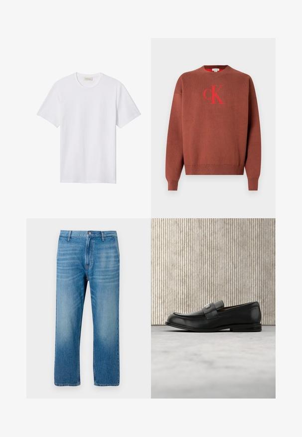 Brun strikket sweater med rund halsudskæring, med en rød "CK"-logo på forsiden. Ribstrikkede manchetter og kant, glat tekstur.; Hvidt ensfarvet T-shirt med korte ærmer og rund hals, med lille præget logo på venstre bryst og mærke indeni kraven.; Lys blå denimbukser med lige pasform, fem lomme-design, knaplukning og subtil falmning på forsiden. Ingen synlige mønstre.; Sort læderloafer med metalbrandskilt hvilende nær et brunt rundt bord på beige tæppe.