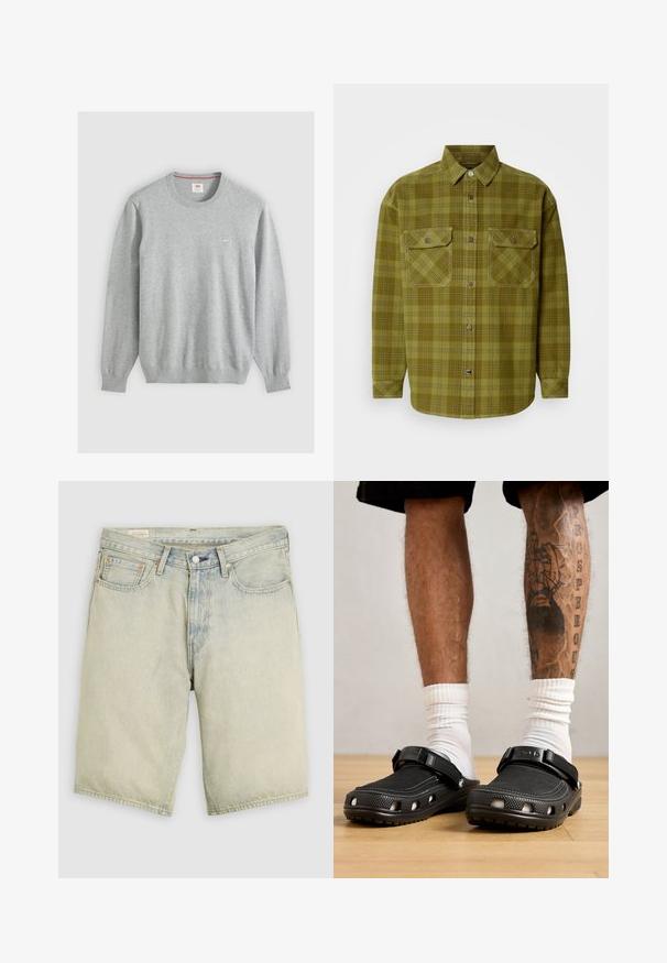Pull gris clair à col rond, manches longues, poignets et ourlet côtelés, avec un petit logo sur le côté gauche de la poitrine.; Chemise à carreaux verts en coton, dotée d'un col à bouton, de deux poches avant avec rabats et de manches longues avec des poignets à bouton.; Short en denim bleu clair avec fermeture éclair à l'avant, bouton en métal, passants pour ceinture, et design à cinq poches, présenté sur fond uni.; Sabots noirs avec une tige texturée, une sangle ajustable et des trous de ventilation, associés à des chaussettes blanches jusqu'à la cheville et un short au-dessus du genou.