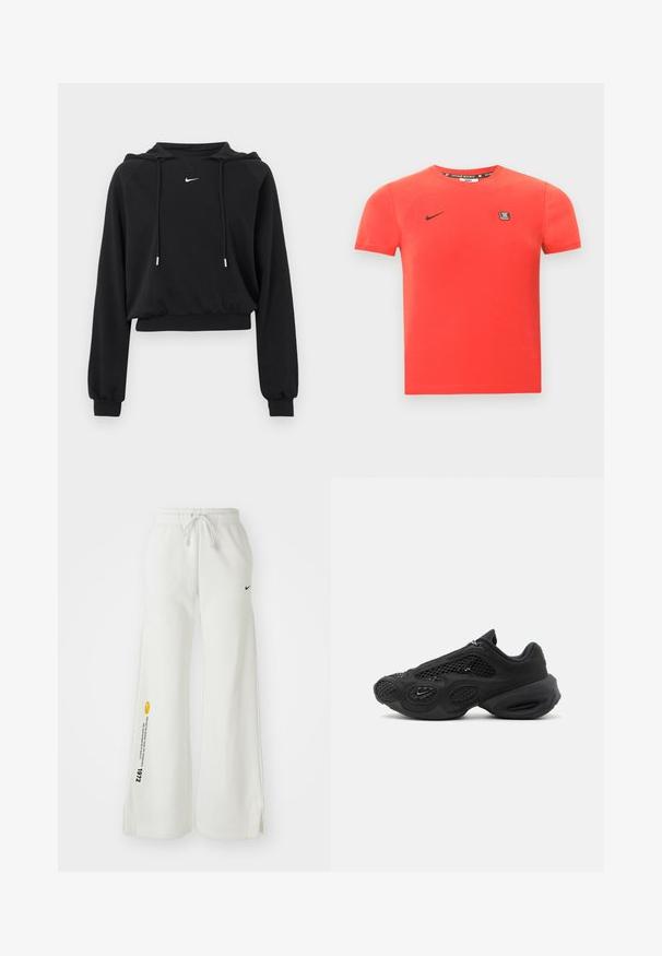 Zwarte cropped hoodie met lange mouwen, capuchon met trekkoord, geribbelde manchetten en tailleband, met klein wit Nike-logo op de borst.; Rood katoenen T-shirt met korte mouwen, met een zwart Nike-logo en een klein merklabel op de borst. Eenvoudige ronde halslijn.; Witte, wijde sweatpants met een elastische tailleband, trekkoord, zijslitsen, zwart Nike-logo en contrasterende gele grafische tekst.; Zwarte sportschoen met meshpanelen, dikke gewatteerde zool en klein swoosh-logo aan de zijkant, gefotografeerd tegen een effen achtergrond.