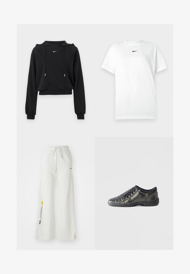 Sort cropped hættetrøje med lange ærmer, snøre i hætten, ribkant ved ærmer og talje, med lille hvid Nike-logo på brystet.; Hvid kortærmet T-shirt med rund hals, prydet med et lille sort Nike swoosh-logo centreret under halsudskæringen.; Hvide, brede sweatsbukser med elastisk talje, snøre, sidespalter, sort Nike-logo og kontrasterende gul grafisk tekst.; Sort lavtop Nike-sneaker med snørebånd, syet detaljering og en tekstureret sål imod en simpel hvid baggrund.
