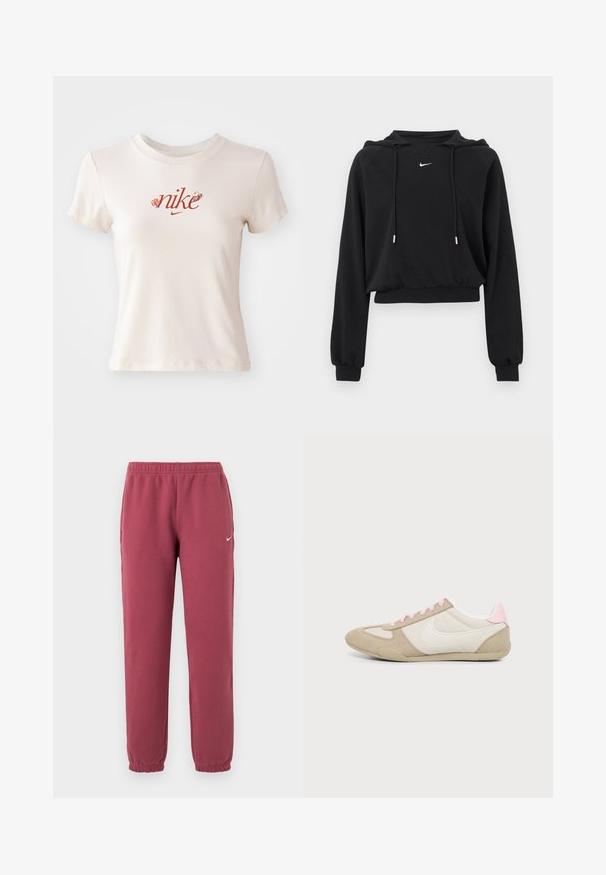 Zwarte cropped hoodie met lange mouwen, capuchon met trekkoord, geribbelde manchetten en tailleband, met klein wit Nike-logo op de borst.; Beige T-shirt met korte mouwen van katoen, voorzien van een rood "nike" logo met bloemaccenten en een ronde hals.; Donkerrode fleece joggerbroek met elastische tailleband en boorden, zijzakken en kleine witte Nike swoosh op het linker bovenbeen.; Lage beige-witte sneaker met roze accenten en veters, met een groot wit swoosh-logo aan de zijkant.