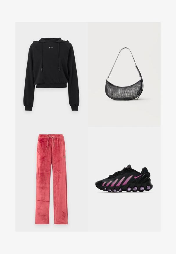 Sort cropped hættetrøje med lange ærmer, snøre i hætten, ribkant ved ærmer og talje, med lille hvid Nike-logo på brystet.; Røde velourbukser med vide ben og snøre i taljen samt lille Nike Swoosh-logo på venstre lår, vist mod en ensfarvet baggrund.; Sorte og lyserøde Nike sneakers med en mesh-overdel, buet design og rund lilla dæmpning i sålen og på siderne.; Lille sort mesh skuldertaske i halvmåneform med justerbar tynd rem, sat mod en ensfarvet lys baggrund.
