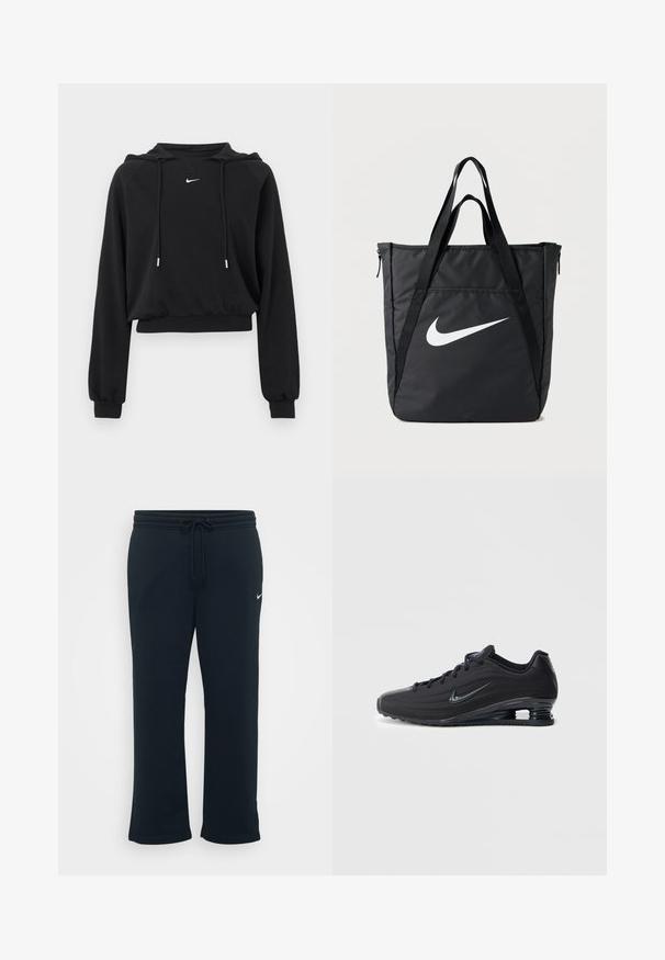 Sort cropped hættetrøje med lange ærmer, snøre i hætten, ribkant ved ærmer og talje, med lille hvid Nike-logo på brystet.; Sorte sweatpants med elastisk talje og justerbar snor. Har et lille hvidt Nike-logo på venstre side. Blød stofstruktur.; Sorte Nike-sneakers med en tekstureret overdel, der har et elegant design, snørelukning og en synlig air-enhed i hælen. Minimalistisk branding-detalje.; Sort nylon shopper med to skulderstropper, med en stor hvid Nike-logo, lynlås og et strømlinet rektangulært design.