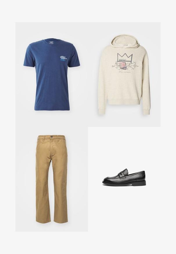 Lichtbeige hoodie van zacht materiaal, met een grafisch ontwerp met een kroon en gezichtsdetail. Mouwen met elastische boord en een relaxte pasvorm.; Navyblauwe katoenen T-shirt met korte mouwen, ronde halslijn en een grafisch ontwerp van een hand met tekst op de linkerborst.; Khaki broek van katoen. Rechte pasvorm met een tailleband en voorzakken. Heeft een enkele achterzak en subtiele stikdetails.; Zwarte leren loafers hebben een afgeronde neus, een gestikte naad over de bovenkant en een lage, platte rubbere zool. Gladde textuur zonder zichtbare patronen.
