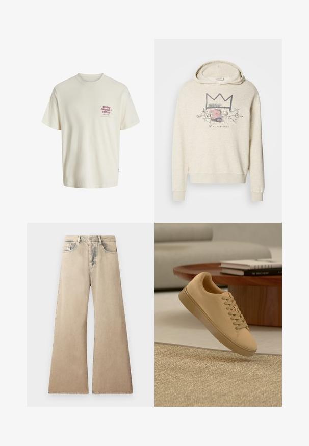 Sudadera con capucha de color beige claro en tela suave, que presenta un diseño gráfico con una corona y detalles en la cara. Mangas con puños y corte relajado.; Camiseta blanca de manga corta con el texto rojo "Edición de Studio Originals" en el lado izquierdo del pecho, exhibida sobre un fondo gris neutro.; Jeans de pierna ancha en color beige con textura desgastada, diseño de cinco bolsillos y detalles de costura a lo largo de las costuras. La cintura tiene un cierre tradicional con botón.; Zapatilla beige con cordones flotando sobre una alfombra texturizada con una mesa de café de madera y libros apilados en un fondo desenfocado.
