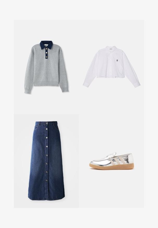 Grå sweatshirt med en mørkeblå denimkrave, tre guldknapper og ribbede manchetter. Blød tekstur med et afslappet design.; Hvid kortærmet button-up skjorte med lange ærmer, der har en klassisk krave og et lille sort broderet logo på venstre bryst.; Mørk denim maxi nederdel med lodrette hvide striber, knaplukning foran og en let udvidelse i kanten. Har fem knapper og kontrastsyning.; Sølvmetallic loafer med beige striber på siden og en lysebrun gummisål, vist på en hvid baggrund.