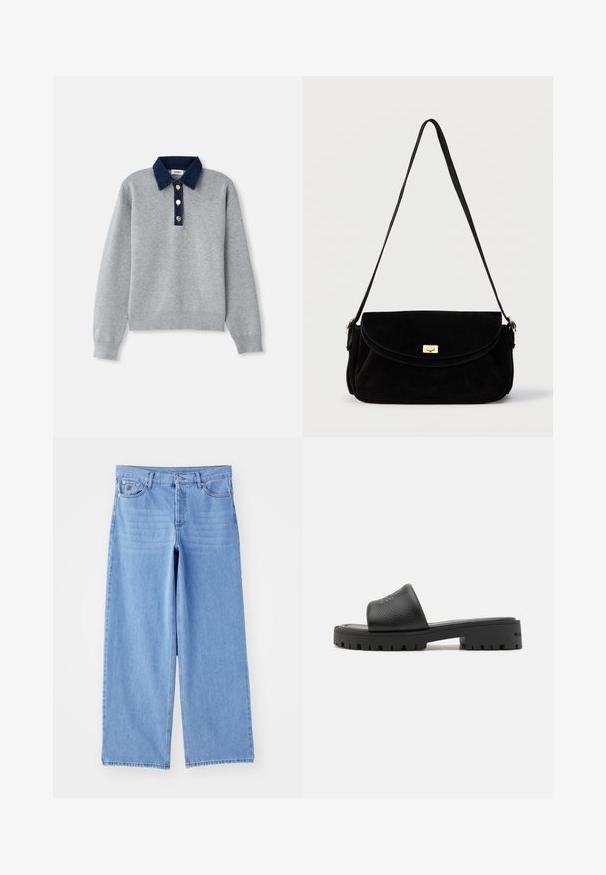 Sweatshirt gris avec un col en denim bleu foncé, trois boutons dorés et des poignets côtelés. Texture douce avec un design décontracté.; Jean large bleu clair en denim, avec un design classique à cinq poches et une fermeture à bouton. Texture lisse, ourlet effiloché.; MARC JACOBS Mules - black; Sac bandoulière en daim noir avec rabat et fermoir rectangulaire doré à tournant, muni d'une seule longue sangle et de côtés doux et structurés.