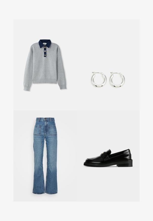 Grauer Pullover mit einem dunkelblauen Jeanskragen, drei goldenen Knöpfen und gerippten Bündchen. Weiche Textur mit einem lässigen Design.; Hoch taillierte blaue Jeans aus Denim mit weitem Bein, zwei Fronttaschen und zwei Gesäßtaschen; strukturiert mit einem ausgewaschenen Look.; Schwarzer, polierter Lederloafer mit niedrigem Blockabsatz, Mokassinnaht und dekorativem Riemen über dem Spann.; Silberne Creolen mit glänzender Oberfläche, die eine kreisrunde Form haben und mit einem schwenkbaren Verschluss ausgestattet sind. Glatte Textur mit minimalen Details.