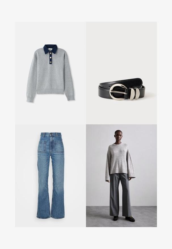 Grauer Pullover mit einem dunkelblauen Jeanskragen, drei goldenen Knöpfen und gerippten Bündchen. Weiche Textur mit einem lässigen Design.; Hoch taillierte blaue Jeans aus Denim mit weitem Bein, zwei Fronttaschen und zwei Gesäßtaschen; strukturiert mit einem ausgewaschenen Look.; Grauer Strickpullover mit weiten Ärmeln und geripptem Saum, kombiniert mit hochtaillierten grauen Hosen mit dezentem Karomuster und schwarzen Loafers.; Schwarzer Ledergürtel mit einer silbernen, abgerundeten Schnalle und zwei silbernen Gürtelschlaufen auf einem schlichten hellen Hintergrund.