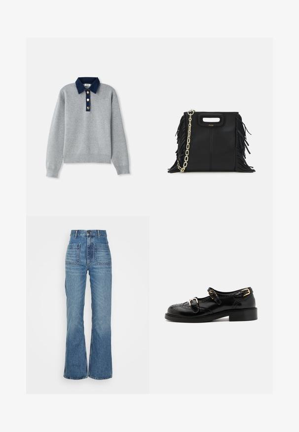 Grauer Pullover mit einem dunkelblauen Jeanskragen, drei goldenen Knöpfen und gerippten Bündchen. Weiche Textur mit einem lässigen Design.; Hoch taillierte blaue Jeans aus Denim mit weitem Bein, zwei Fronttaschen und zwei Gesäßtaschen; strukturiert mit einem ausgewaschenen Look.; Schwarze Lederschuhe mit Broguedetails, ausgestattet mit zwei Schnallenriemen, einer abgerundeten Zehenpartie und einem flachen Absatz. Glatte Textur mit glänzendem Finish.; Schwarze Lederhandtasche mit Fransen-Details, goldener Ketten-Schulterriemen und einem ausgeschnittenen Griff. Mit Logoplatzierung auf der Vorderseite.