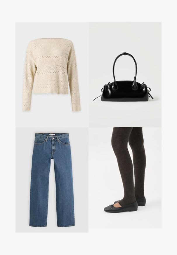Pull beige à manches longues en tricot avec des motifs complexes de dentelle florale et géométrique et un ourlet festonné sur fond uni.; Jean en denim bleu avec une coupe droite, comportant cinq poches, une fermeture à bouton et des coutures contrastées le long des coutures.; Jambes portant des leggings côtelés foncés associés à des ballerines noires avec de petits détails en nœud sur fond blanc.; Petit sac à main noir brillant avec deux longues anses et des détails à cordon sur les côtés sur un fond clair uni.